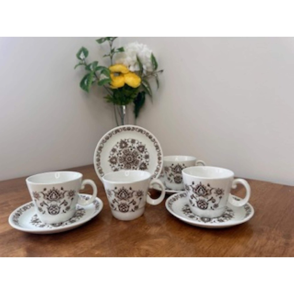 Vintage Wood & Sons Burslem‎ England Cup Saucer Set Brown Floral Ironstone MCM